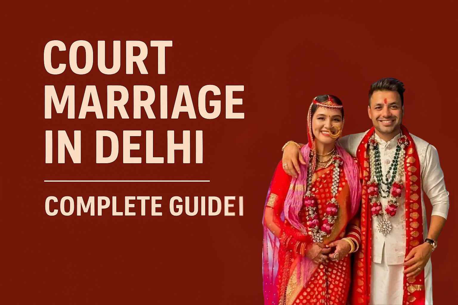 Court Marriage in Delhi – Complete Guide for Couples Smiling Indian couple in traditional wedding attire promoting court marriage in Delhi complete guide